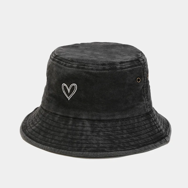 

Packable Washed Cotton Fisherman Hat Love Heart Embroidery Denim Bucket Hat Unisex Summer Travel Fishing Beach Sun Cap