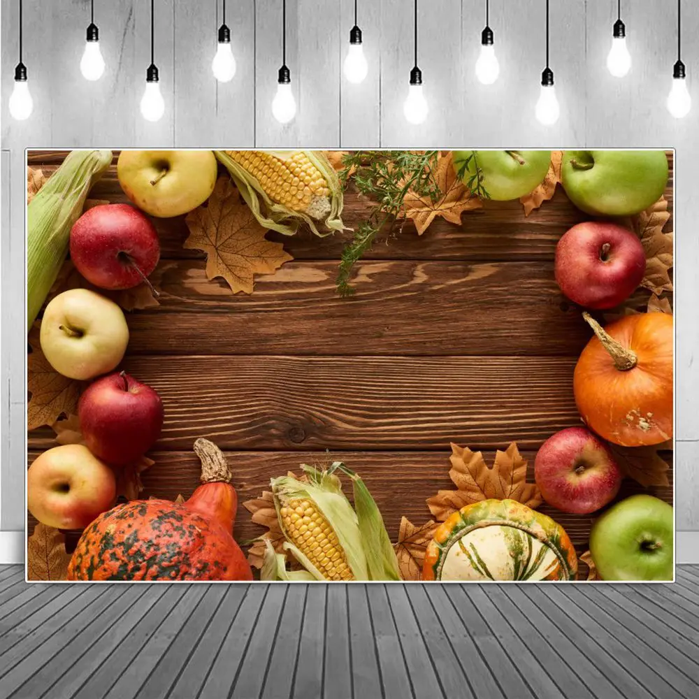 

Autumn Farm Harvest Photography Backgrounds Wooden Boards Flat Lay Apples Corn Celebration Backdrops Photographic Portrait Props