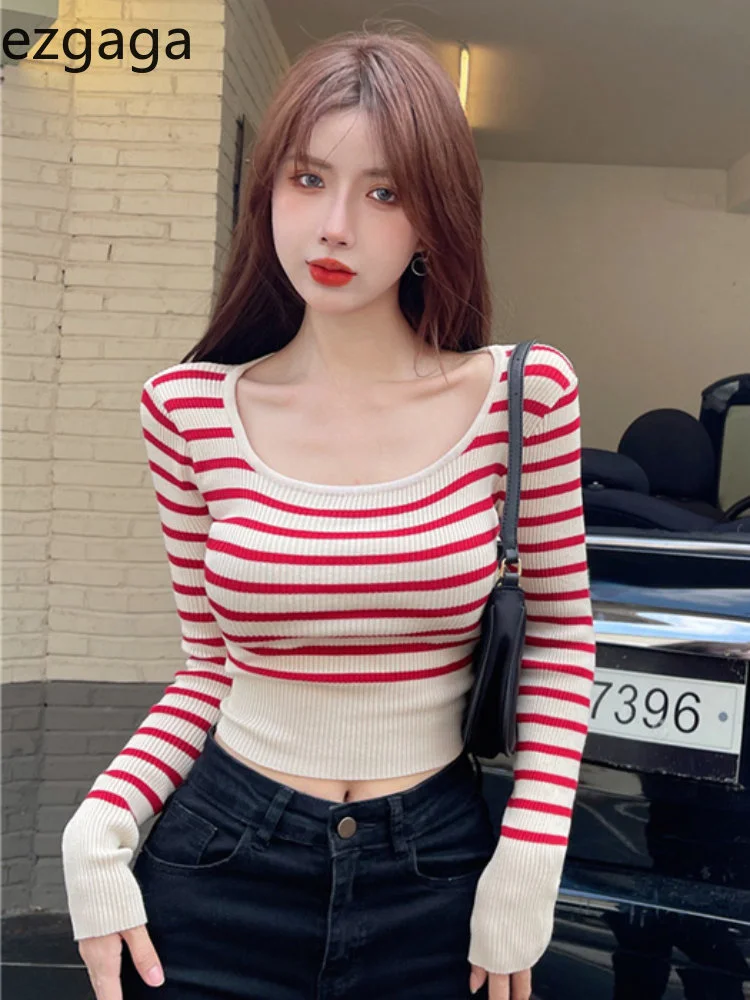 

Cropped Sweater Women Vintage Striped Autumn New O Neck Slim Stretch Bottoming Ladies Knitted Tops Sexy Fashion