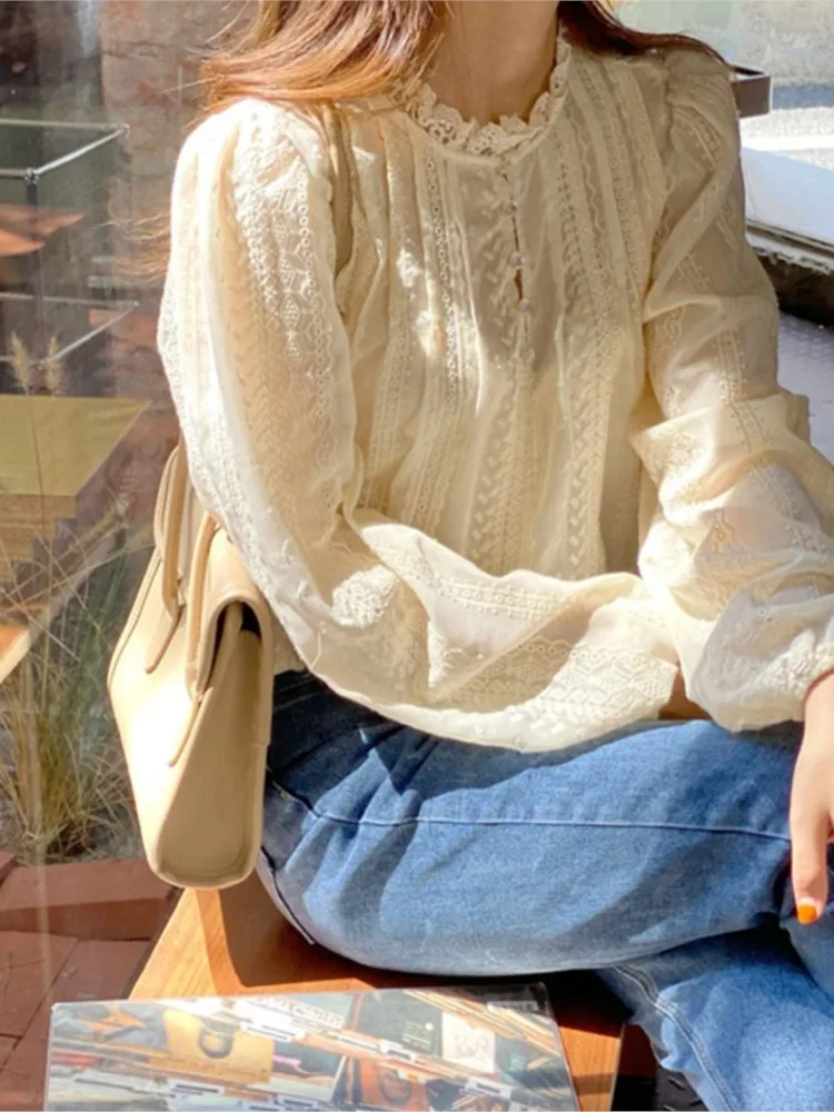 Женская кружевная блузка с круглым вырезом элегантная повседневная Свободная
