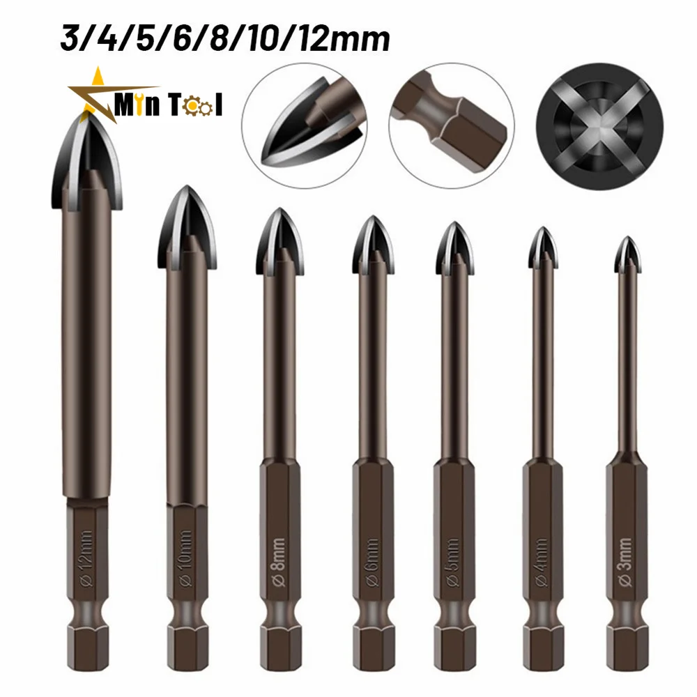 7PCS Carbide Glass Drill Bit Set Alloy Carbide Point with 4 Cutting Edges Tile & Glass Cross Spear Head Drill Bits Hand Tool