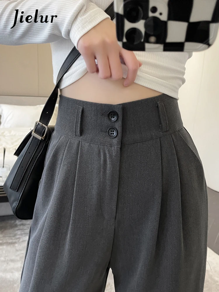 

Jielur Spring Autumn Korean Style Double Buttons Black Pants Female Fashion Black Gray White Trousers Straight Long Pants Women
