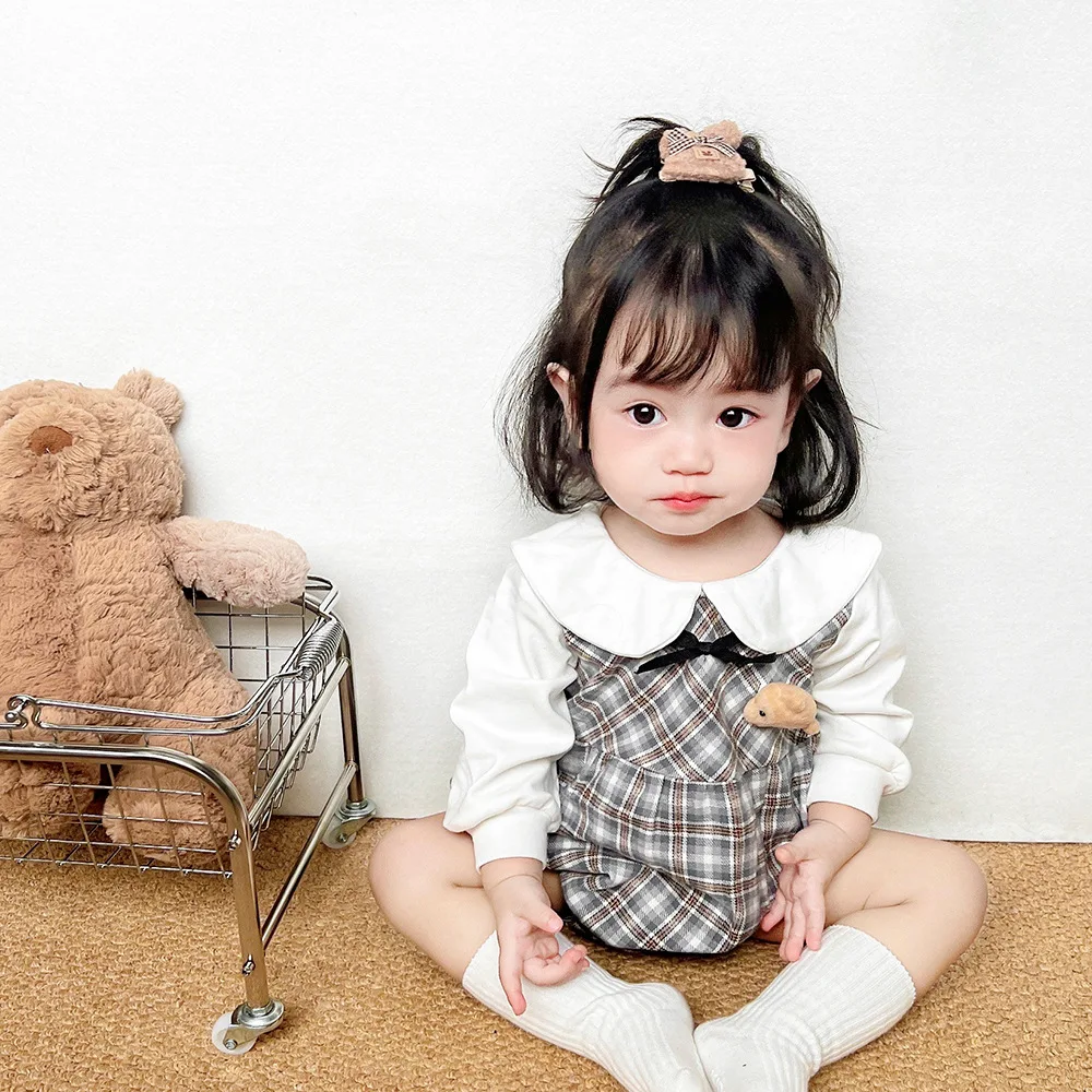 2022 Korean New Autumn Baby Girls Boys Romper Long Sleeves Plaid Cartoon Lapel Jumpsuit Kids Cute Style Clothes