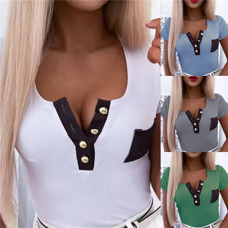 

Elegant Women Spring Summer Knitted T-Shirts V-Neck Button Decor Short Sleeve Solid Color Office Lady Slim Pullovers Top