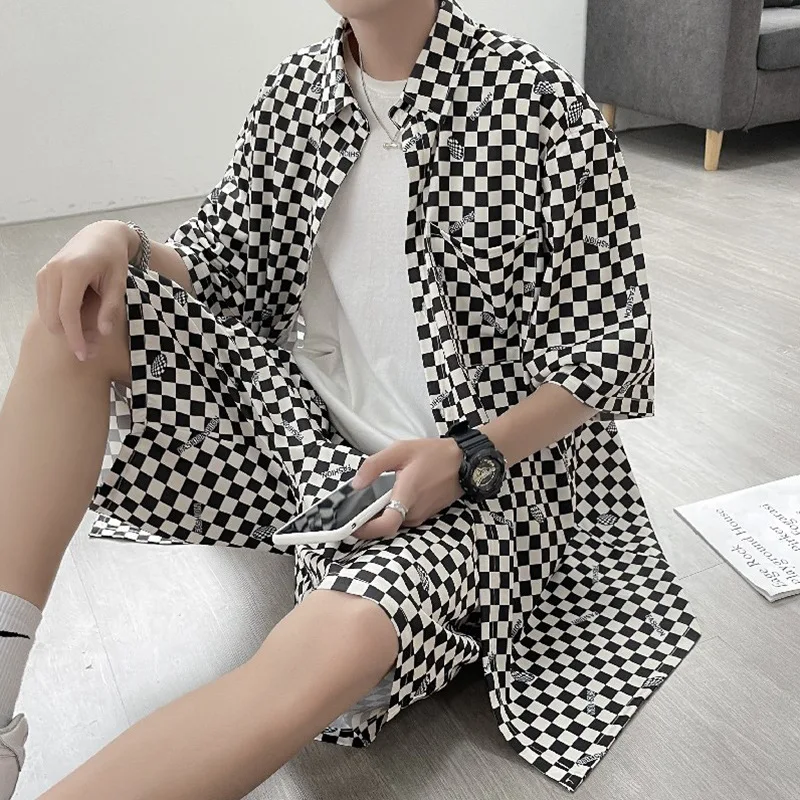 

Trendy Ice Silk Plaid Shirt Outfit Men's Short Sleeve Shorts Summer Thin Loose Large Size Ruan Shuai Casual Men's Clothing Summe