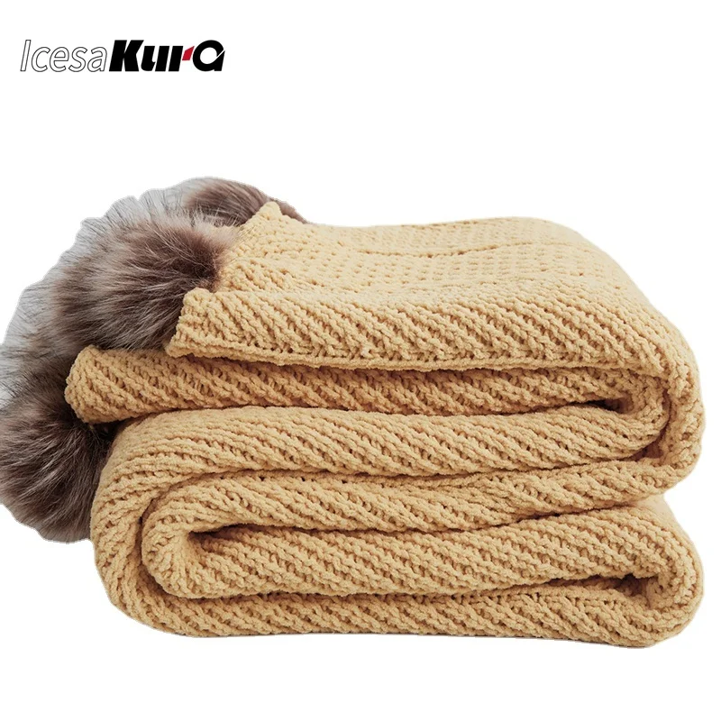 

Chunky Knit Chenille Blankets Cute Pompoms Home Decorative Warm Weighted Cozy Sofa Bed TV Knitted Throw Blanket