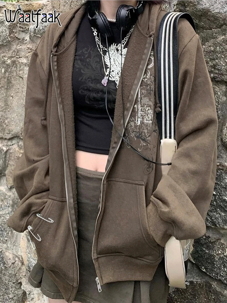 

Waatfaak Streetwear Pocket Oversized Hoodie Brown Grunge Fairycore Graphic Harajuku Vintage Y2K Aesthetic Zip Up Hoodies Jacket
