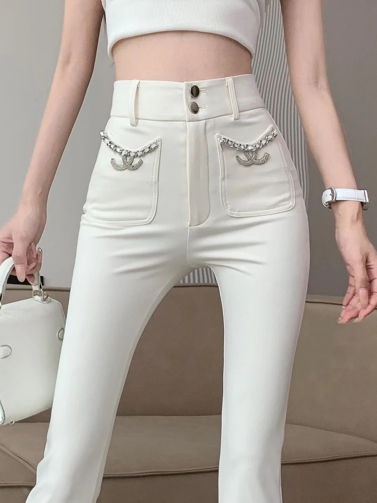 Белые микро расклешенные Костюмные брюки для женщин на весну и осень с высокой