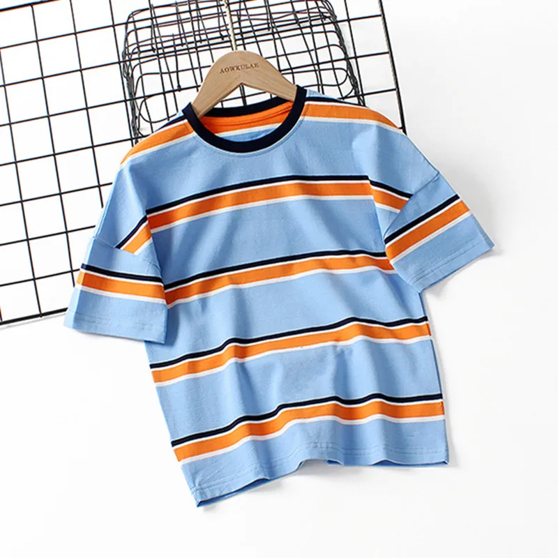 

Children T-Shirt 2022 Summer Fashion Kids Short Sleeve Tops Tees Colour Stripe For Teen Boy Girl 6 8 10 12 14 Year Wear
