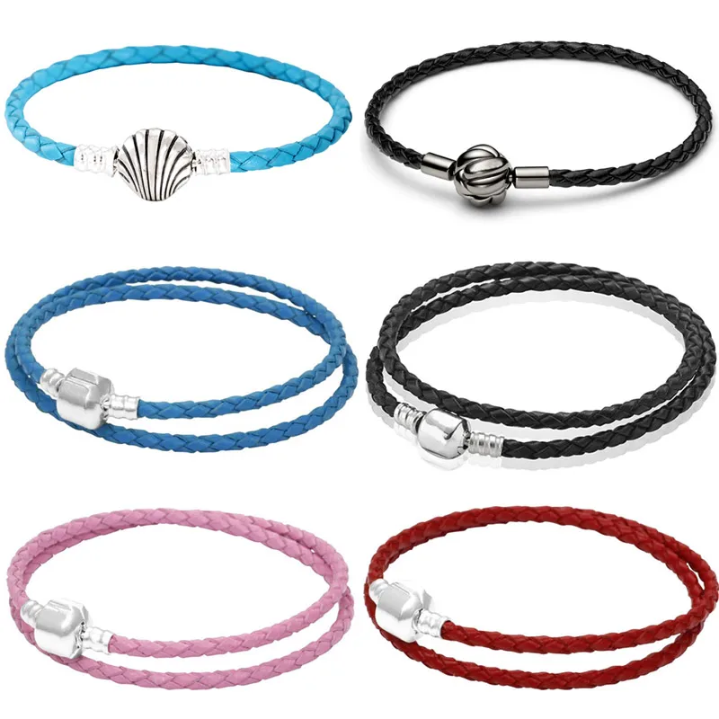 

Real Genuine Leather Barrel Love Knot Braided Seashell Clasp Bracelet 925 Sterling Silver Bangle Fit Fashion Bead Charm Jewelry