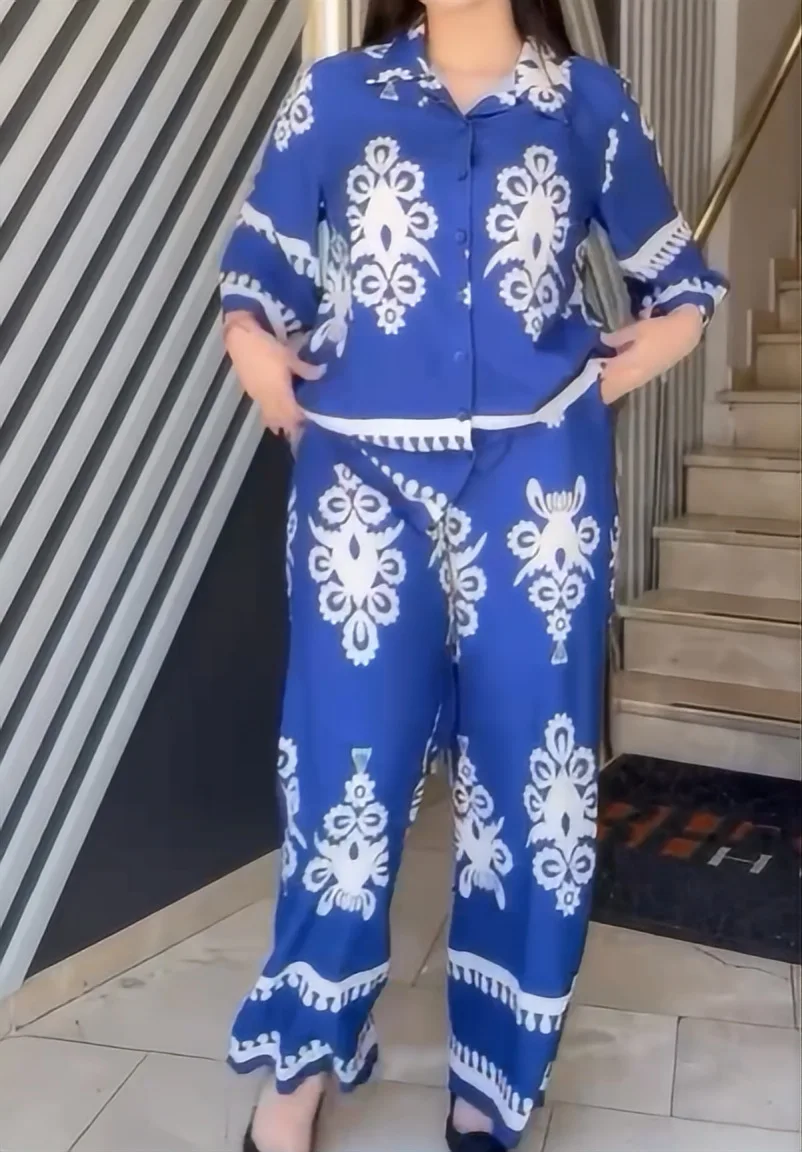 Летний Модный повседневный костюм из рубашки и брюк с принтом свободный женский