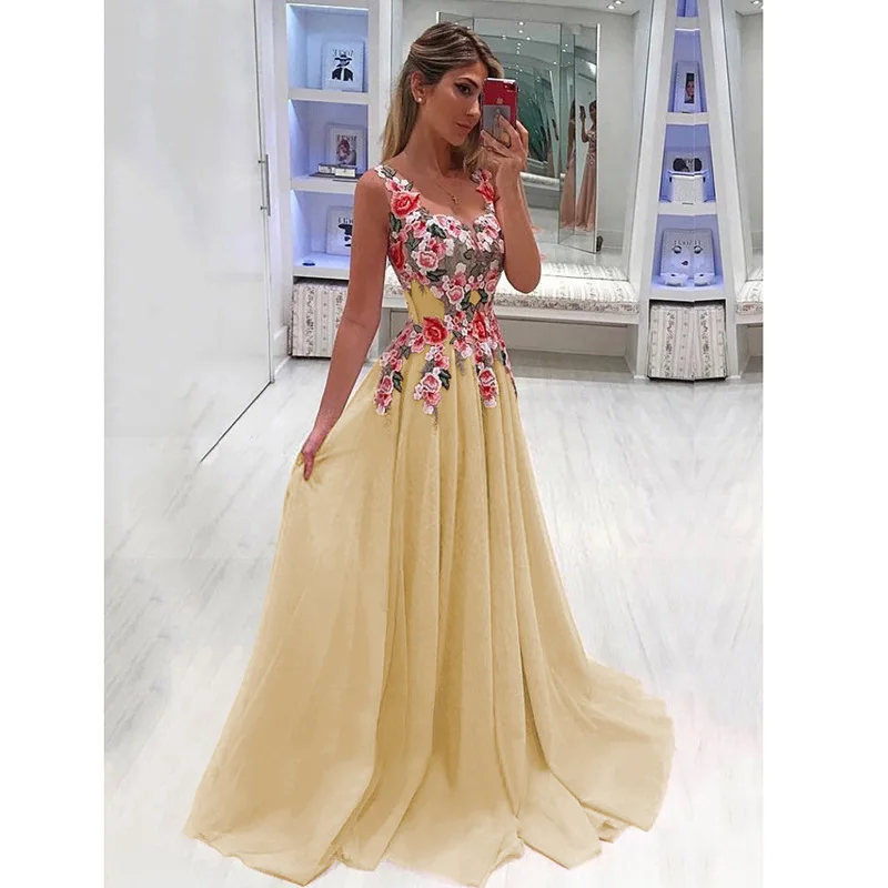 long chiffon floor length party dress ethnic style tank top embroidery Flower Women evening maxi