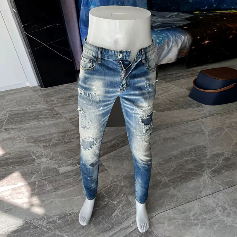 Street Fashion Men Jeans High Quality Retro Light Blue Elastic Skinny Fit Ripped Jeans Men Patched Designer Hip Hop Brand Pants