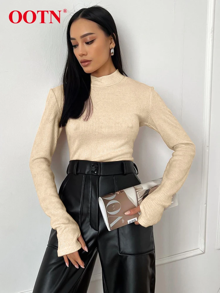 

Женские топы с длинным рукавом OOTN, элегантные футболки цвета хаки с высоким воротником, уличные пуловеры, трикотажные футболки 2023