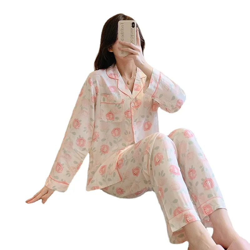 Spring New Style Pure Cotton Silk Pajamas, Women's Long-sleeved Trousers, Plus Two-piece Suit, Girls Cute  sleepwear women