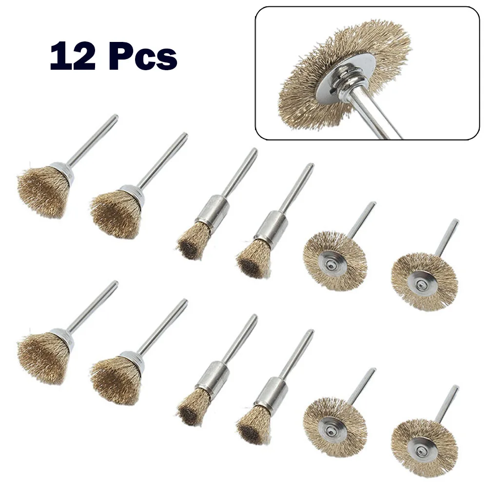 

12pcs/Set Steel Wire Brass Mini Brush Kit Bowl Type Rotary Tool Drill Polishing Grinding Wheel T-shaped Small Brush Accessories