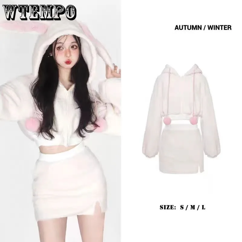 

Cute Rabbit Ear Hoodie Short Top Plush Warm Hip Wrap Skirt Women 2pcs Hotsweet Dress Sets Pure Desire Korean Fashion Fall Winter