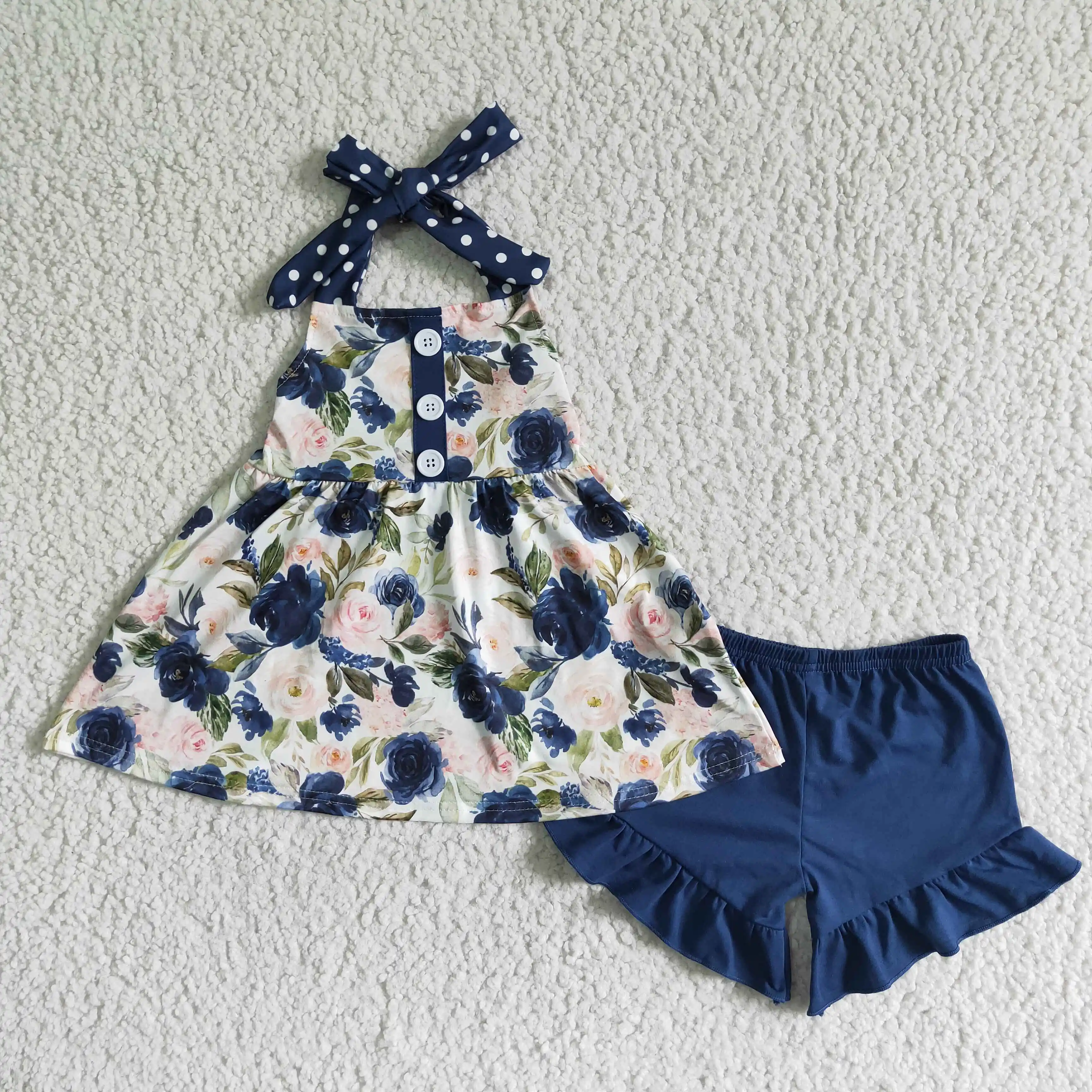 

RTS Toddler Girls Clothing Sets Blue Rose Sleeveless Tunic Top Boutique Outfits Ruffles Shorts Sets Children Wear
