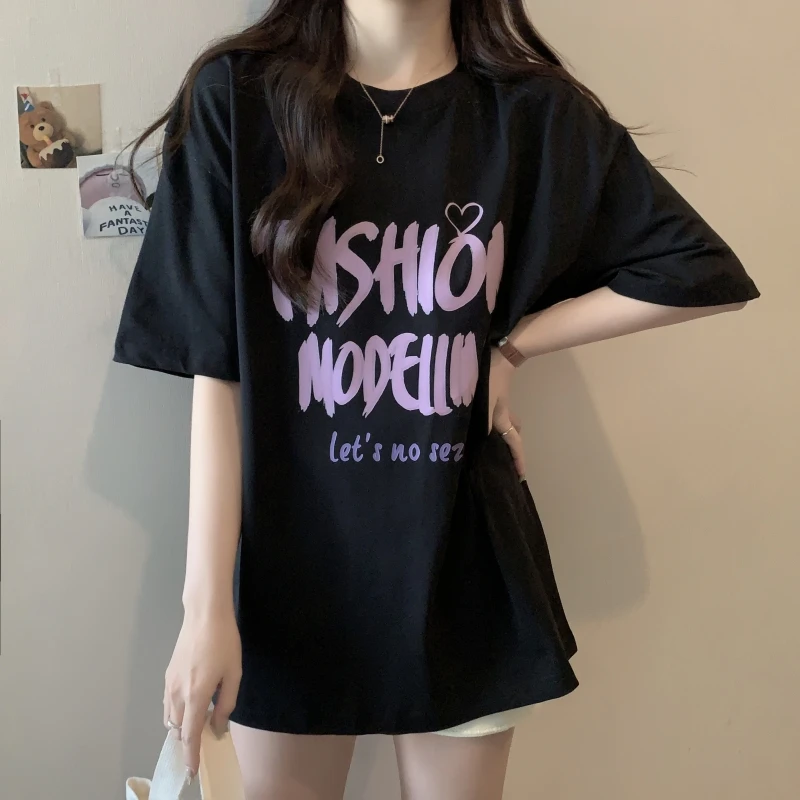 

2023 New Arrival Women Tops Tees Summer Casual Loose Short Sleeve Letter O-neck Letter Print Korean Style Cotton T Shirt V318
