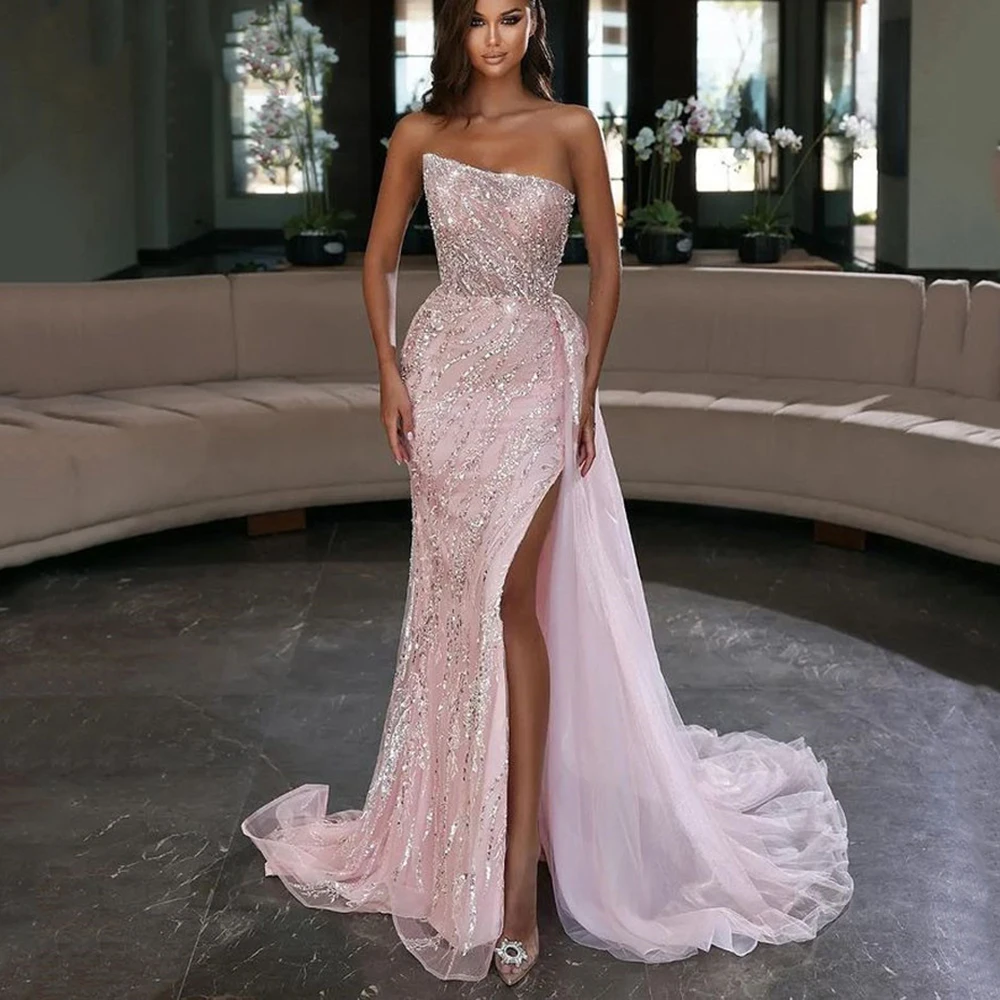 

2022 Gorgeous Pink Dresses Gowns Sexy Strapless High Split Mermaid Beaded Elegant For Women Prom Party