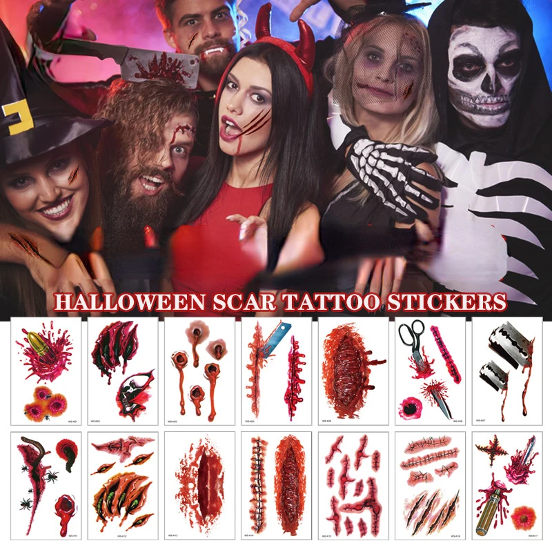 

Halloween Bloody Wound Tattoo Stickers Trick Scary Waterproof Temporary Tattoo DIY Fake Tattoo Halloween Party Face Decorations