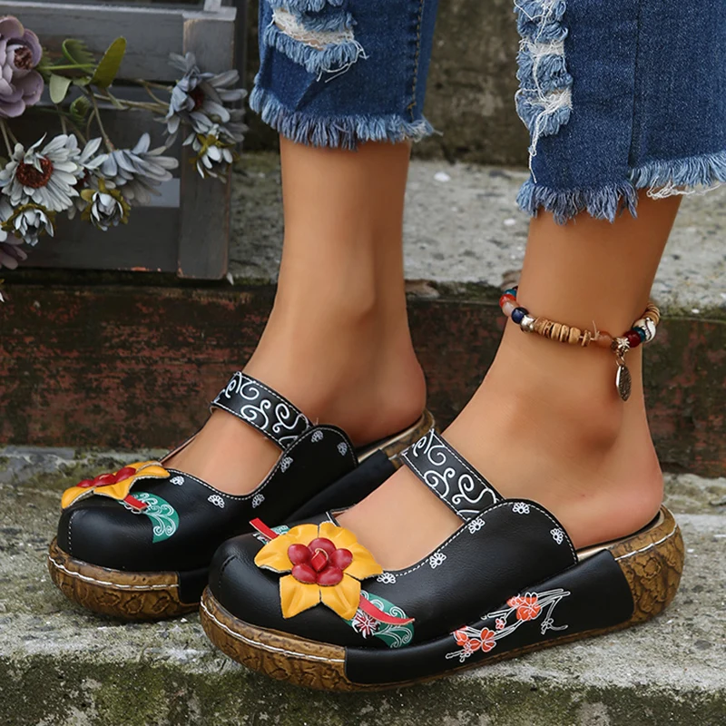 

ZOKI Summer Print Wedges Slippers Women 2022 Fashion Flower Platform Mules Shoes Woman Med Heels Non-slip Slides Shoes Ladies