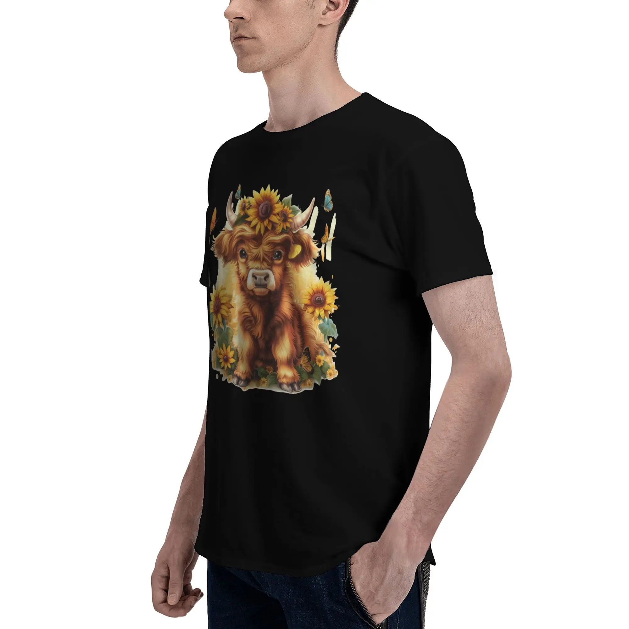 Мужская футболка Highland Cow с подсолнухом и бабочкой повседневная рваная круглая