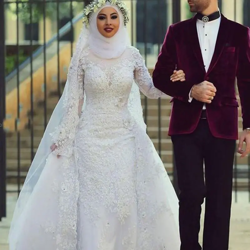 

Fashion Muslim Wedding Dresses Long Sleeve Hijab Lace Appliqued Islamic Custom Made Bridal Gowns 2023