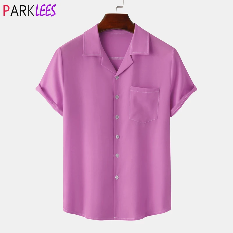 Purple Mens Short Sleeve Cuban Camp Guayabera Shirt Short Sleeve Hippie Beach Button Down Shirt Casual Quick Dry Hawaiian Shirt