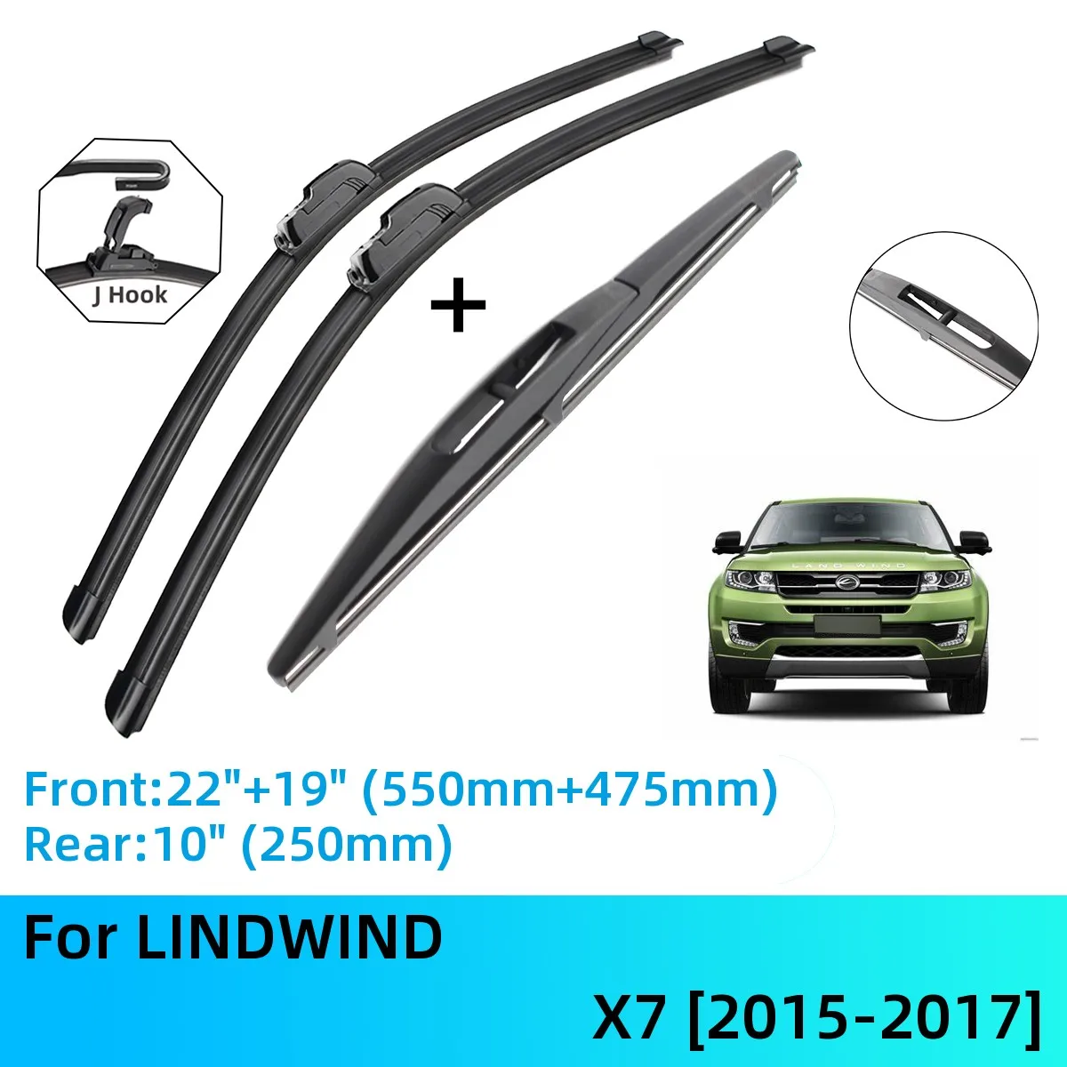 

For LINDWIND X7 Front Rear Wiper Blades Brushes Cutter Accessories J U Hook 2015-2017 2015 2016 2017