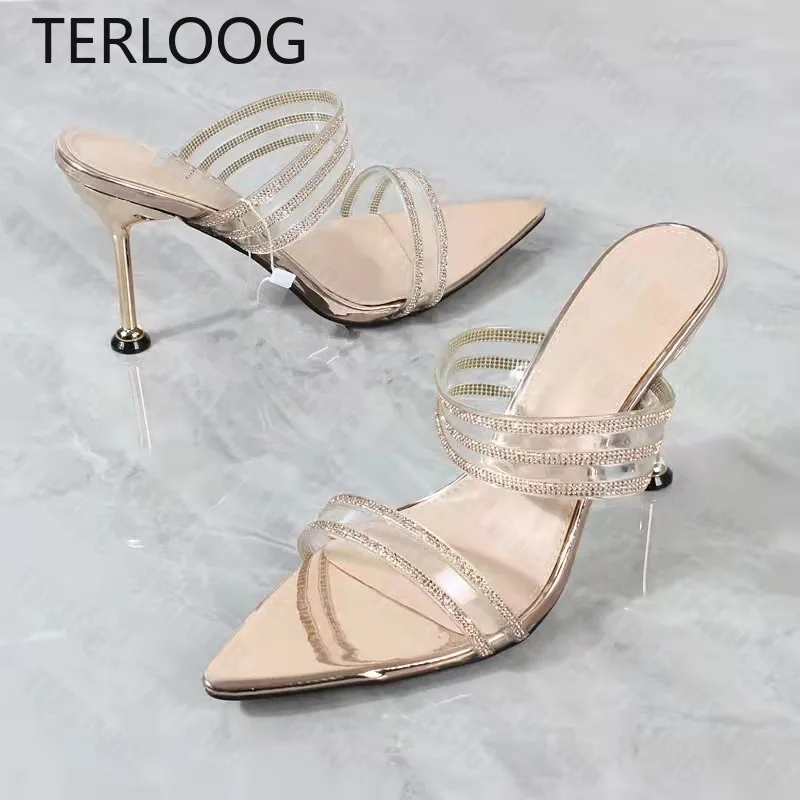

Luxury High Heels PVC Slippers Summer Women Pointed Toe Sandals 2022 New Pumps Party Dress Slides Fashion Thin Heels Women Shoes