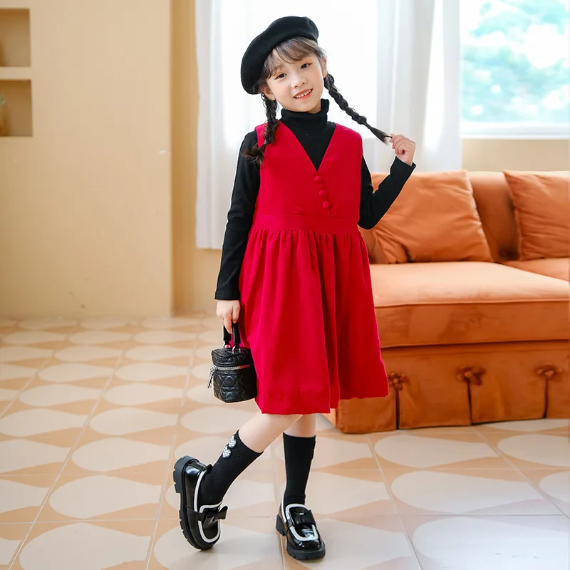 

Teen Girls Skirt Winter For Children Clothing Autumn Kids Jumper Red Skirts Knee Length Sleeveless Dress Clothes Plus Fleece