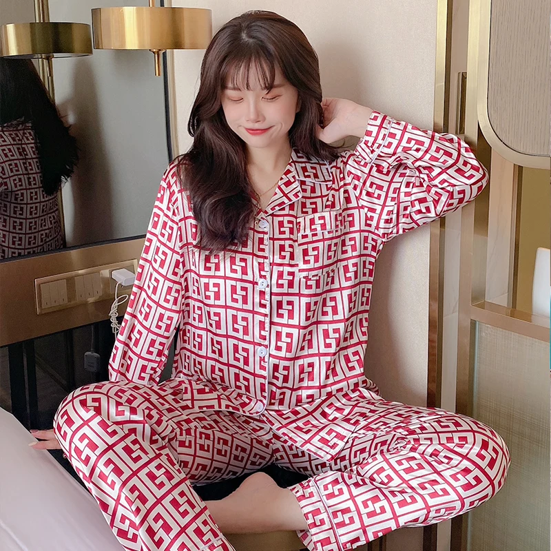 Women Pajamas Set New Luxury Style Cross Letter Print Sleepwear Silk Pijama Leisure Home Clothes Nightwear Pyjama