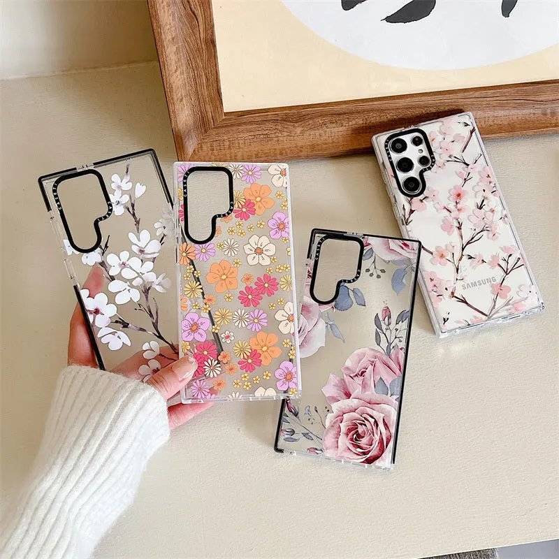 

Retro Flower Transparent Case for Samsung Galaxy S20 S21 S22 S23 Ultra S20+ S21+ S22+ S23 Plus Cover Protective Shell