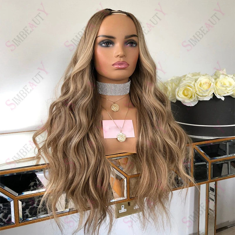 Natural Wave Human Hair Wigs for Black Women Side Part Brown Blonde Long Wavy Glueless Brazilian Remy 2X4 U Part Wig 250 Density