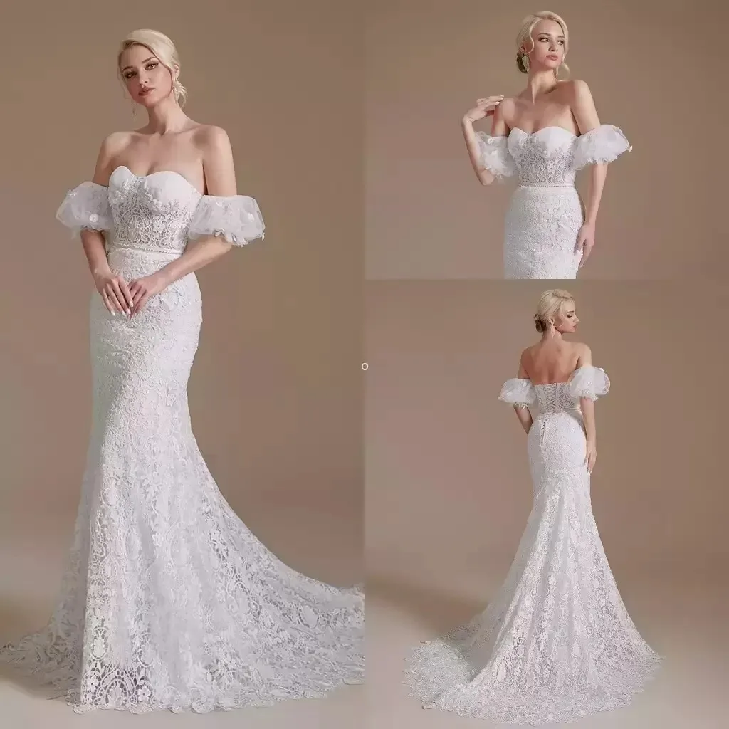 

Stylish Wedding Dress Sleeveless Strapless Puffy Sleeves Appliques Sequins Lace Ruffles Bridal Gowns Plus Size Vestido De Novia
