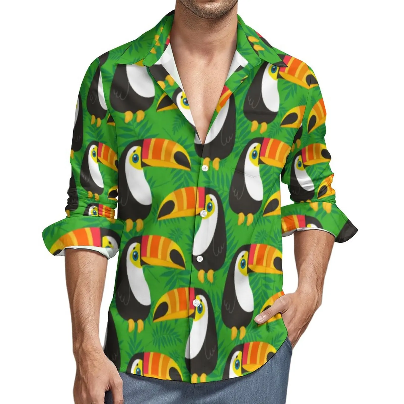 

Toucan Birds Shirt Spring Green Leaves Tropical Casual Shirts Men Novelty Blouses Long Sleeve Street Style Clothing Large Size