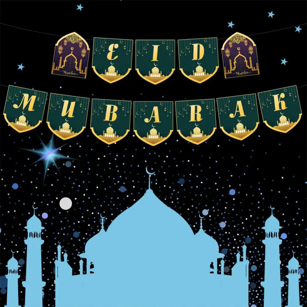 

Easy To Install Eid Mubarak Banner Decoration Flash Ramadan Hanging Ornament Gold Foil Printed Large Ramadan Flag Thick