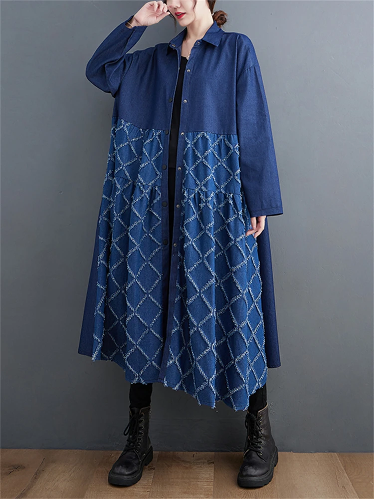 

Женское винтажное джинсовое платье, повседневное свободное платье в клетку с длинными рукавами и бахромой, в Корейском стиле, в стиле пэчворк, весна 9592