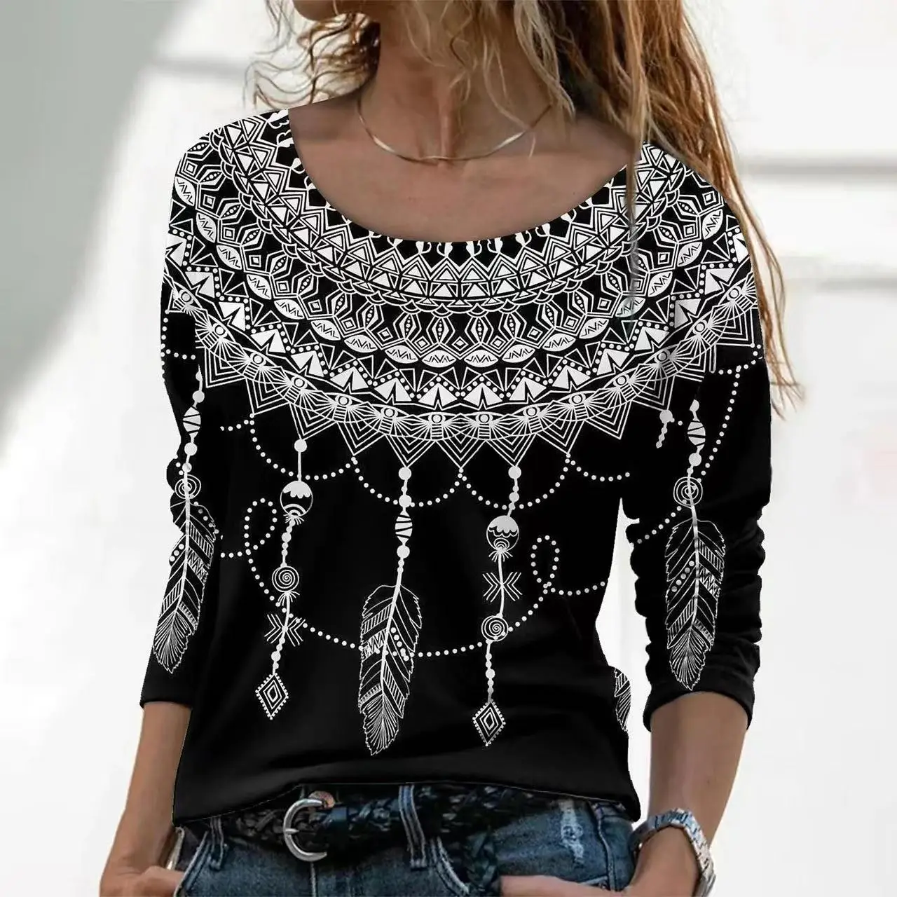 

Женский свитер, футболки, топы с круглым вырезом для девочек, летняя футболка с длинным рукавом и цветочным принтом 3d, Женский пуловер оверс...