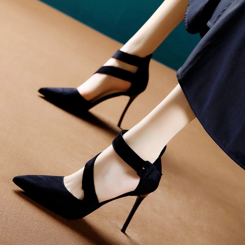 

High Heels Shoes Woman Spring Summer 2023 Pumps Pointed Toe Stiletto Elegant Heeled Sexy Dress Stripper Party Black Ankle Strap