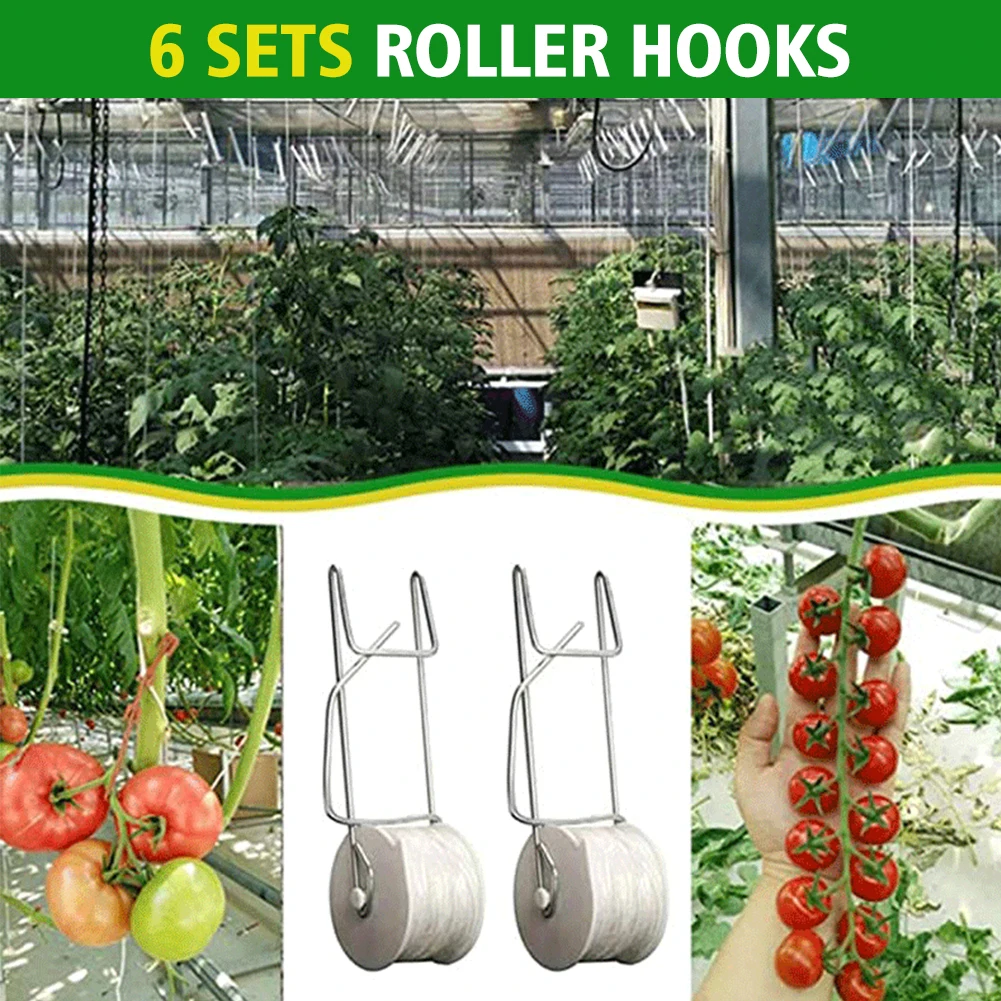 

6sets Farm Greenhouse Durable Hanging Tomato Trellis Roller Hook Support Clamps Vegetable Indoor Outdoor With 15m Rope Garden