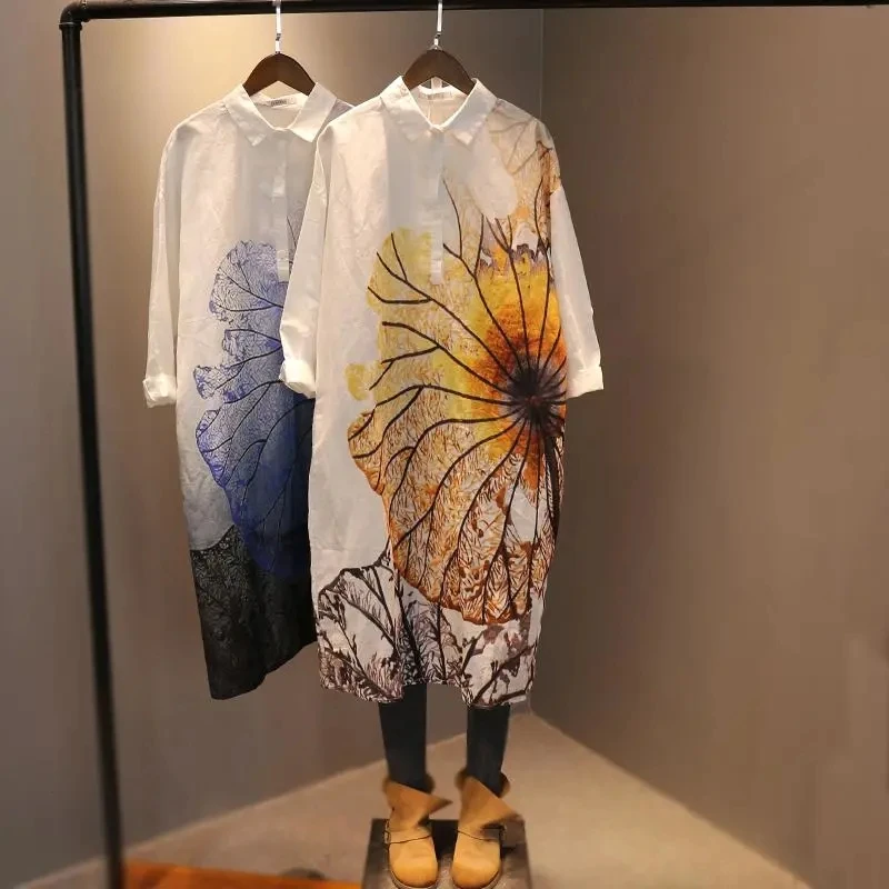 

Summer Short Sleeve Blouse Women Long Vintage Floral Print Shirts Thin Cotton Linen Tunic Blouse Blousa Shirtdress NS621