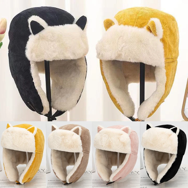

Ear-flapped Hat Women Winter Cold-proof Warm Earmuffs Thicken Cotton Hat Cat Ears Cap Outdoor Beanie Headwear Bonnet 2022