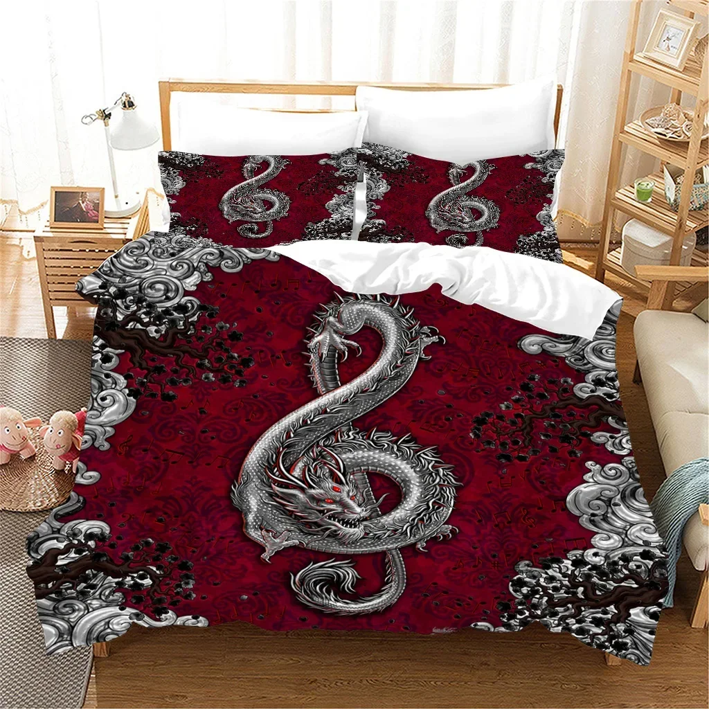 

3pcs Bedding Sets Luxury Movie Retro Scary Skeleton Red Rose Black Dragon Luxury Movie Bed Duvet Cover Set and 2pcs Pillow cover