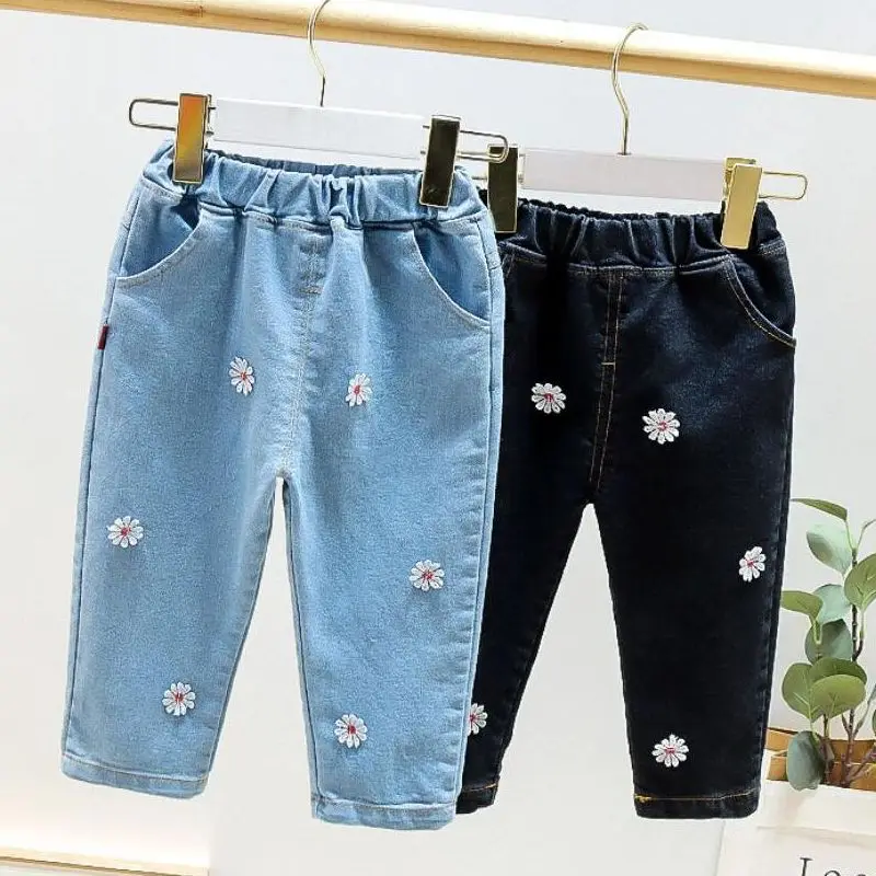 

New 2022 Baby Girl Jeans Pants Kids Pants Girls Jeans Casual Pants Printed Flower Elastic Waist Jeans Kids 0-2 Years Old