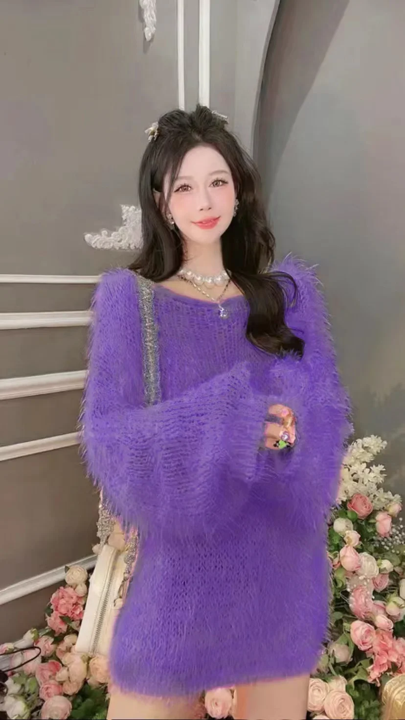 

Autumn and winter new round neck sweater lazy wind long cute Korean version big size mink knitting top female fashion