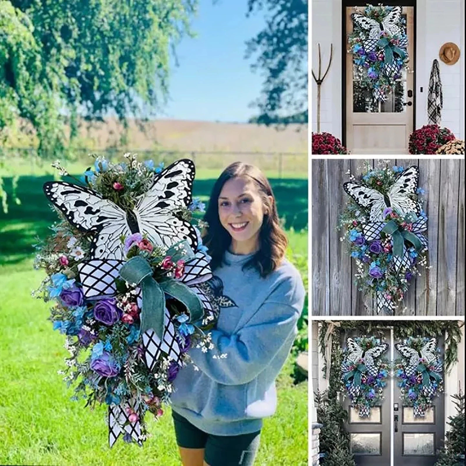 

Rose Butterfly Wreath Colorful Simulated Flowers Fantasy Garland 2022 Summer Home Garden Wall Front Door Pendant Decoration