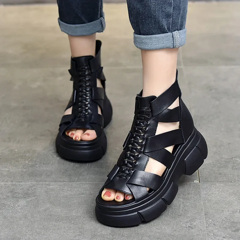 

2023 Comfortable Sloping Heels for Women with High Toe Layer of Cowhile-leather Retro Chunky Rocking Sandals Fashion Shoe