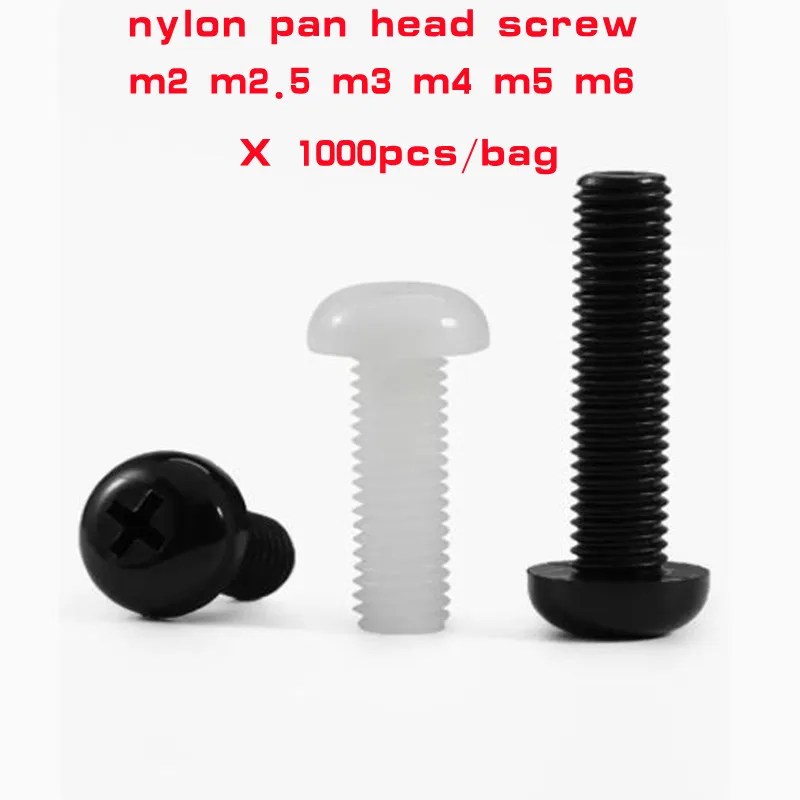 

1000pcs/bag M2 m2.5 m3 m4 m5 m6 white/black Nylon Plastic insulation Phillips Cross Recessed round pan Head Screw